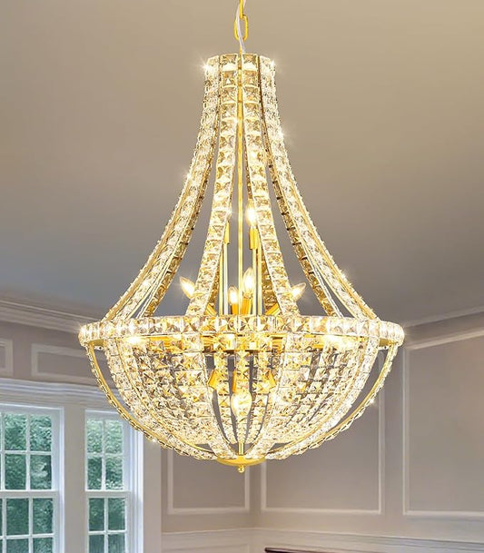 Luxury Large Empire Chandelier High Ceiling Crystal Chandeliers for Foyer Gold Light Fixture for Staircase Living Room E12 Bulbs Required