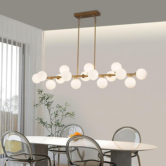 55" Brass Linear Chandelier, 16 Lights Mid Century Modern Sputnik Chandelier, Large Pendant Lights Kitchen Island with White Glass Lampshade, Bubble Chandelier for Kitchen Over Table - Gold