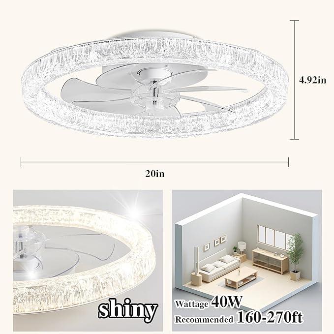 Ceiling Fans with Lights and Remote Fandelier - 20'' Flush Mount Low Profile Modern Ceiling Fans for Bedroom - Stepless Color Temperature and 6 Speeds, White Regular Crystal
