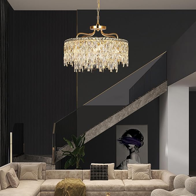 Gold Crystal Chandeliers for Dining Room Light Fixture, 24" Modern Round Chandeliers,8 Lights Luxury Ceiling Pendant Ceiling Lighting for Dining Room Bedroom Entryway Foyer Staircase