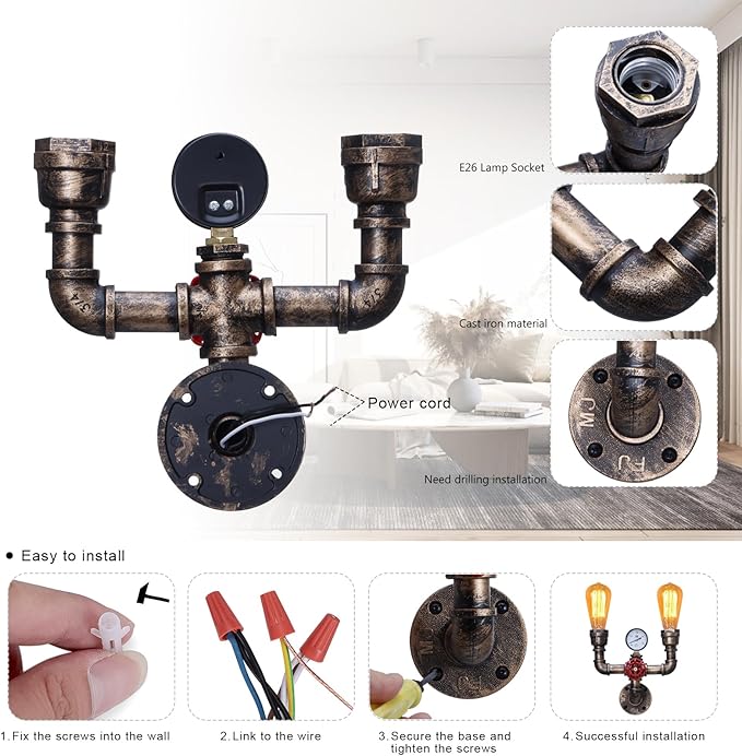 XEYOU Retro Wall lamp Vintage Industrial Steampunk Wall Sconce 2 Lights Metal Water Pipe Style Wall Mounted Lamp Light Fixture E26 Edison Bulb for Cafe Bar Loft Restaurant Hallway (Golden Rust)