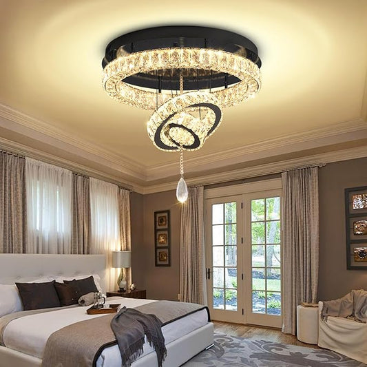 Flashing God Dia 20" Modern Crystal Chandelier for Dining Room Black Ceiling Chandelier Flush Mount Ceiling Light for Living Room Bedroom Hallway