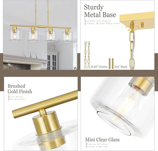 4-Light Brushed Gold Kitchen Island Lighting, Modern Linear Dining Room Chandelier Light Fixtures with Clear Glass and Chain, Mid Century Hanging Lights for Kitchen Island, OS-YQ8153-4ISBGC
