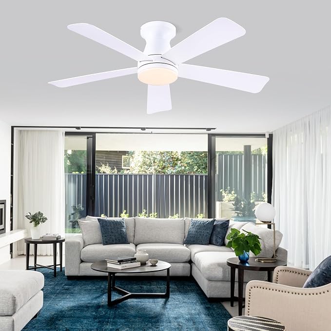 46" White Low Profile Ceiling Fans with Lights,Modern Flush Mount Ceiling Fans with Reversible DC Motor,Dimmable 3 Colors 6 Speeds