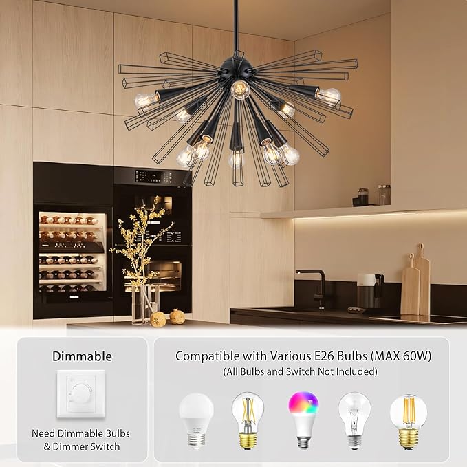 10-Light Black Sputnik Chandelier, 33" Modern Starburst Dining Room Light Fixture, Adjustable Height Rustic Solid Metal Large Sputnik Chandeliers for Living Room Bedroom Kitchen Foyer