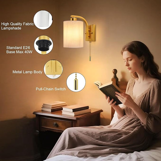 Lightess Wall Sconces with Pull Chain,Vintage Hardwired Pull Cord Wall Light Fixture with on Off Switch,Indoor Wall Lamp for Hallway Bedroom Living Room,Set of Two Gold (Bulbs Not Included)