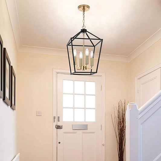 MELUCEE 4-Light Farmhouse Cage Pendant Light in Black Vintage Chandelier Lantern Hanging Light Fixtures Ceiling with Brass Candle-Shaped Socket for Kitchen Island, Dining Room, Foyer