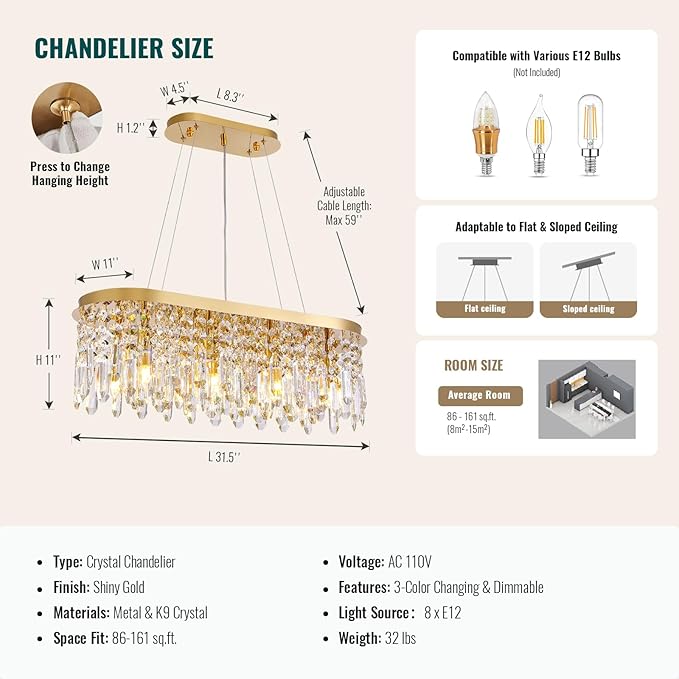 Siljoy Modern Crystal Chandelier for Dining Room, 8-Light Rectangular Gold K9 Crystal Raindrop Pendant Ceiling Light Fixture for Living Room Kitchen Island Bar L31.5'' x W11'' x H11''