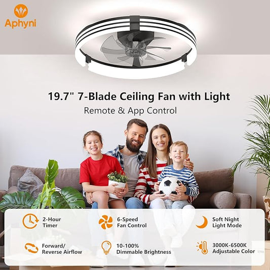 Ceiling Fans with Lights and Remote, 19.7" Black Low Profile Ceiling Fan, Modern Flush Mount LED Fan Light, 6 Wind Speeds Fandelier Ceiling Fan with Light for Bedroom, 3000-6500K Dimmable