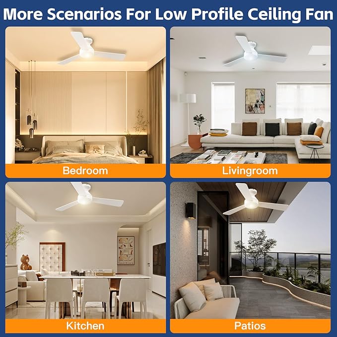 Ceiling Fans with Lights, 42 Inch Ceiling Fan with Light And Remote, 3CCT Flush Moun Low Profile Ceiling Fans, 6 Speed Noiseless LED Ceiling Fan, White Ceilings Fan with Remote for Bedroom Living Room