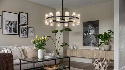 24 Inch Black Crystal Wagon Wheel Chandelier, Modern Farmhouse Round 24-Lights Pendant Lighting Fixture, for High Ceilings Living Room, Bedroom, Foyer