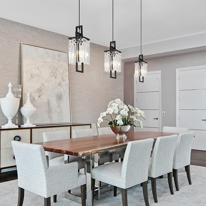 Modern Black Pendant Light Fixtures for Kitchen Island and Dining Room, Industrial Small Hanging Crystal Chandelier Light Fixture for Bedroom Entryway Living Room Foyer Hallway 3-Pack