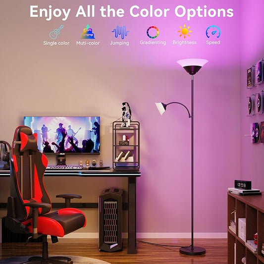 SIBRILLE RGB Torchiere Floor Lamp, 2-in-1 Dimmable Standing Lamp with Remote & Button Control, 34W 360° Rotatable LED Reading Lamp, 72" Modern Tall Corner Lamp for Bedroom, Living Room, Office, Black