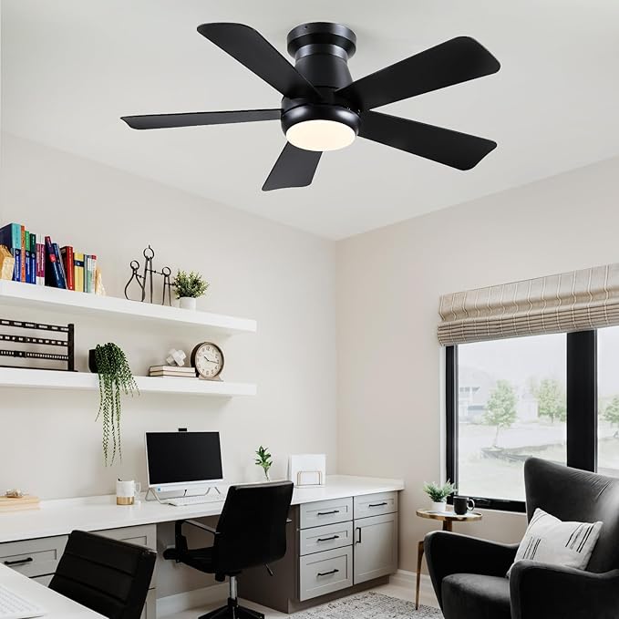 Ceiling Fan with Light, 40" Black Flush Mount Ceiling Fans with Remote Control,3CCT Dimmable LED, ABS 5-Fan Blades,Reversible Motor,Quiet Low Profile Indoor fandeliers for Bedroom Living Room