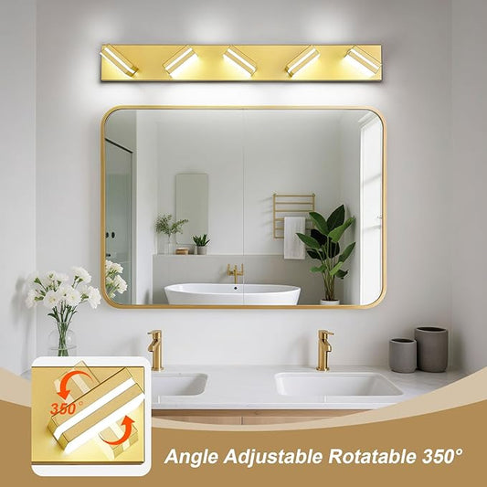 Modern LED Bathroom Lights Fixtures 5-Light,Metal Gold Acrylic Wall Lighting,Vanity Lights for Bathroom Over Mirror 6000k 34in