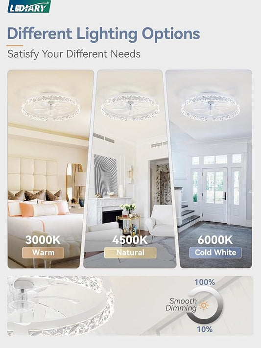 LEDIARY 20 Inch Low Profile Ceiling Fans with Lights and Remote, Fandelier Ceiling Fan Flush Mount, 3000K-6000K Dimmable LED Fan Light, White Modern Ceiling Fans with Lights for Bedroom