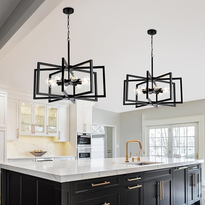 Modern Chandelier, 27.5'' Large Black Chandelier Light Fixture Industrial Max 60'' Hanging Adjustable Farmhouse Chandeliers for Dining Room Entryway Living Room Kitchen (8-Light, E26)