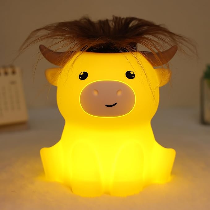 OkiyiD Highland Cow Night Light, Cute Animal Silicone Touch Cow Lamp, Highland Cow Gifts for Boys Girls Women Christmas, Dimmable Soft Glow Bedside Lamp for Nursery Bedroom Decor
