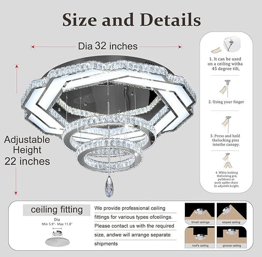Flashing God 32in Crystal Ring Chandeliers for Living Room Flush Mount Ceiling Light for Bedroom Dining Room Hallway Dimmable LED 3 Rings Pendant Lighting