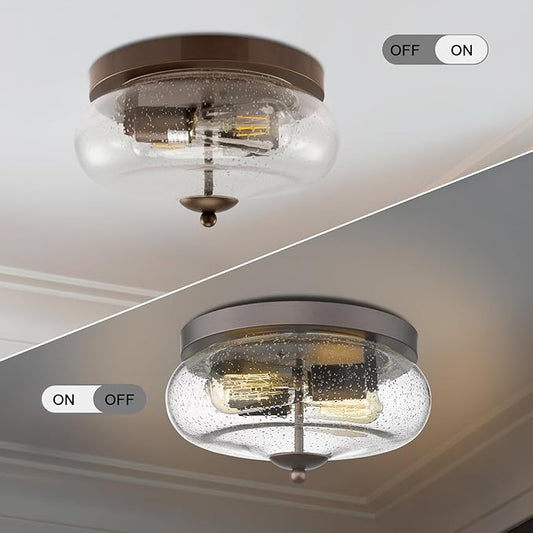 Darkaway Oil-Rubbed Bronze Ceiling Light Fixtures, Indoor Outdoor Flush Mount Ceiling Light with Seeded Glass Shade for Farmhouse Hallway Kitchen Bedroom Porch Living Dining Room