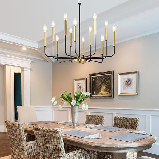 12-Light Black and Gold Chandelier, Modern Farmhouse Chandelier for Dining Room Hanging Lighting Fixture, Metal Candle Chandelier with Chain for Living Room, Kitchen, Entryway, Foyer, Stairs