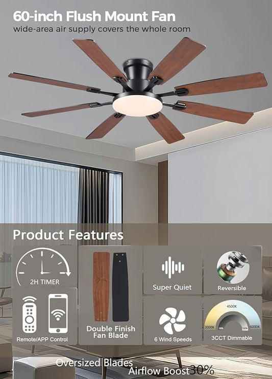 JSAITEE 60Inch Ceiling Fan with Lights and Remotes, Large Low Profile Flush Mount Ceiling Fans,DC Reversible Motor, 3CCT Dimmable,Noiseless,Dual Finish, Brown 6 Speeds Ceiling Fan for Indoor/Outdoor