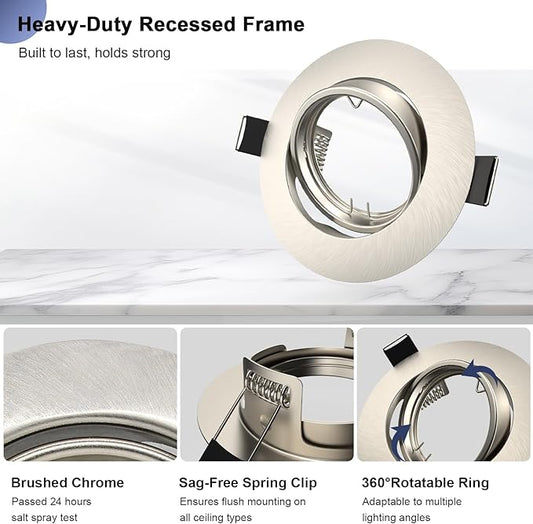6 Pack Spotlight Frame, 3 inch Recessed Ceiling Light Trim Compatible with MR16 GU10 GU5.3 Bulbs, Adjustable Holder for Cabinet Kitchen, Brushed Nickel