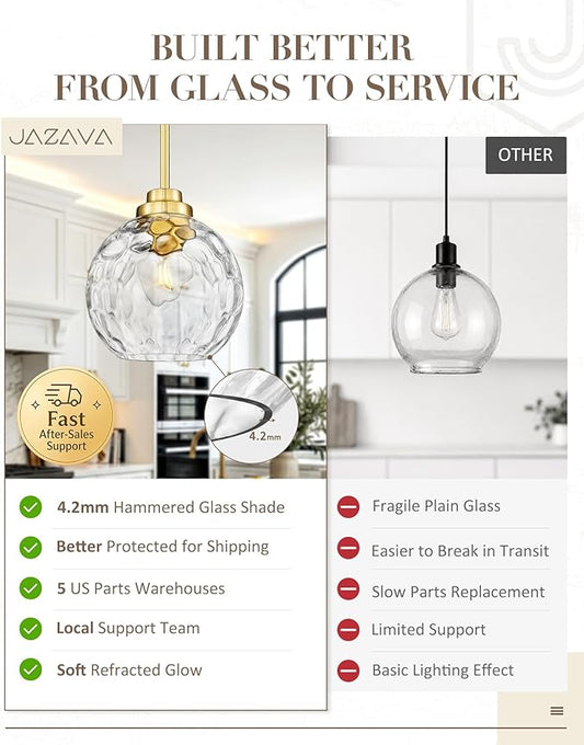 8 Inch Modern Farmhouse Pendant for Kitchen Island, Adjustable Height Hanging Fixture with Hammered Glass,Brushed Gold Finish, Dining Room Entryway - PL101HBG-L