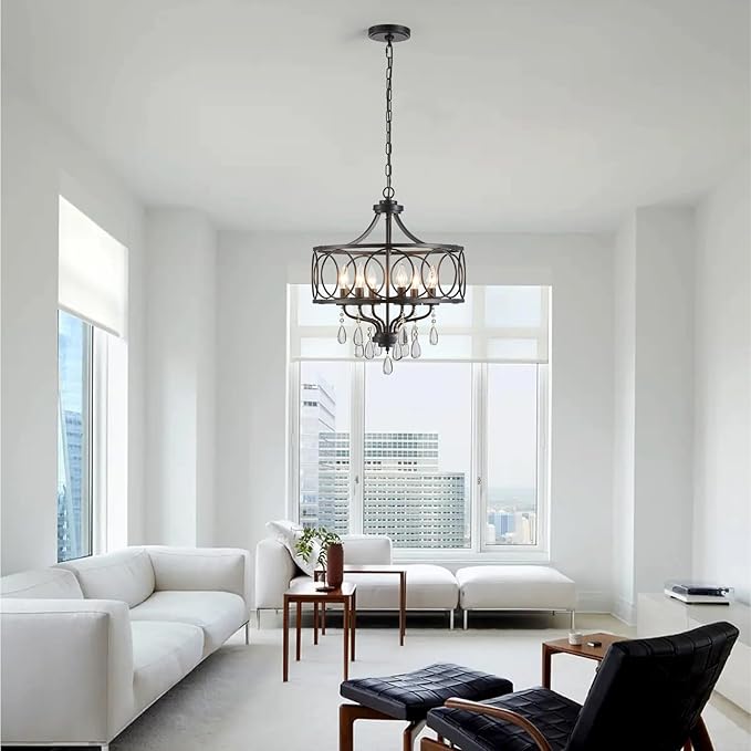 Modern Black Chandelier 17.7" Metal Crystal Pendant Lighting Fixture Hanging 6-Light for Dining Room Bedroom Living Room Kitchen Entryway