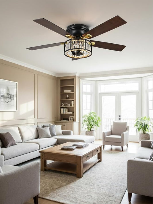 52" Flush Mount Crystal Ceiling Fan with Lights and Remote, Rustic Chandelier Ceiling Fan Low Profile Farmhouse Fandelier Light for Bedroom Living Room Kitchen, 3 E12 Bulbs (Not Included)