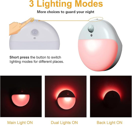 YUNLEX 2 Pack Red Night Light, Battery Operated Night Light, 2.6" Small Sticky Lights, Dimmable Motion Sensor Light, 3 Light Modes, Portable LED nightlight for Baby, Kids, Sleep, Bedroom, Bathroom