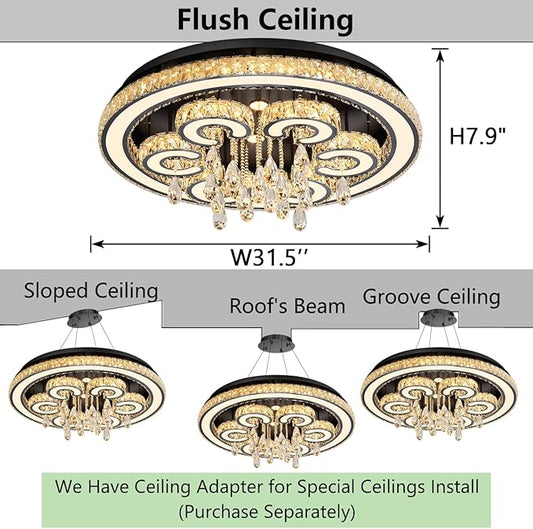 HAIXIANG 32 Inch Glam Chandelier Modern Crystal Luxury Interior Ceiling Light Fixture Remote Dimmable LED Lighting Fixtures for Dining Room Bedroom Living Room Black Light