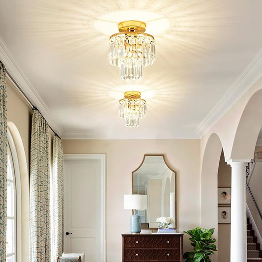 Mini Crystal Chandelier,Gold Crystal Chandeliers,2-Tier Semi Flush Mount Chandelier Pendant Lighting Fixture for Living Room Dining Room Foyer Bedroom Hallway E26 Base