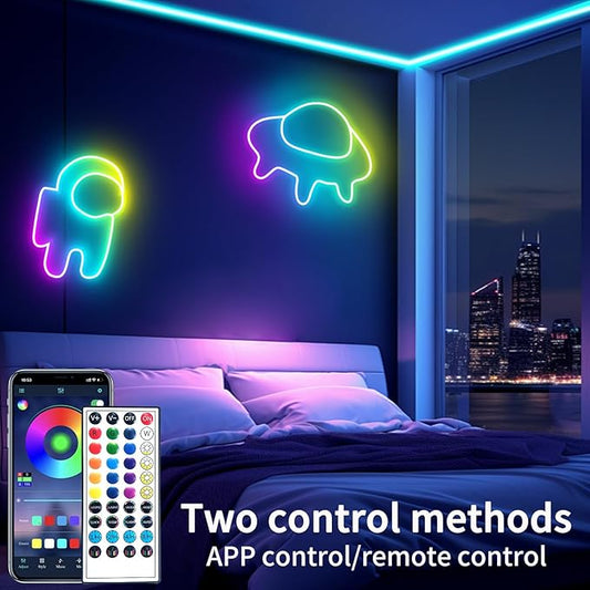 65.6FT Neon Rope Light,IP65 Waterproof RGB LED Strip Lights,Neon LED Lights with 40 Key Remote and APP Control for DIY Design,Multiple Modes for Bedroom,Holiday Decor(with Snap &Screws)