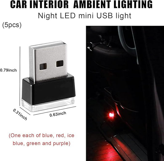 5 PCS USB LED Car Interior Atmosphere Lamp, Portable Mini LED Night Light, Plug-in USB Interface Trunk Ambient Lighting Kit, Universal Interior Car Accessories (Blue+Red+Ice Blue+Green+Purple)