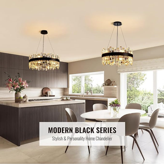 Siljoy Black Crystal Chandelier for Dining Room, Modern 2-Tiers K9 Crystal Raindrop Chandelier 12 Lights Farmhouse Pendant Ceiling Light for Living Room Kitchen Island Entry Foyer D19.7''