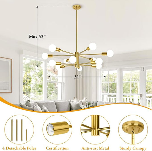 BesLowe 31'' 12-Light Modern Sputnik Chandelier, Mid Century Gold Chandeliers Lighting, Farmhouse Ceiling Hanging Light Fixture for Dining Room Bedroom Living Room Kitchen Foyer, Height Adjustable