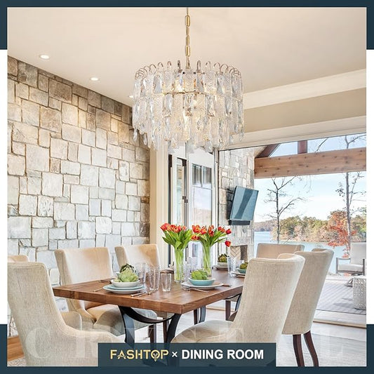 7-Light Crystal Gold Chandelier Modern 3-Tier K9 Crystal Round Light Fixture 16" Pendant Chandelier for Kitchen Island Dining Room Bedroom Foyer Entryway Hallway, E12