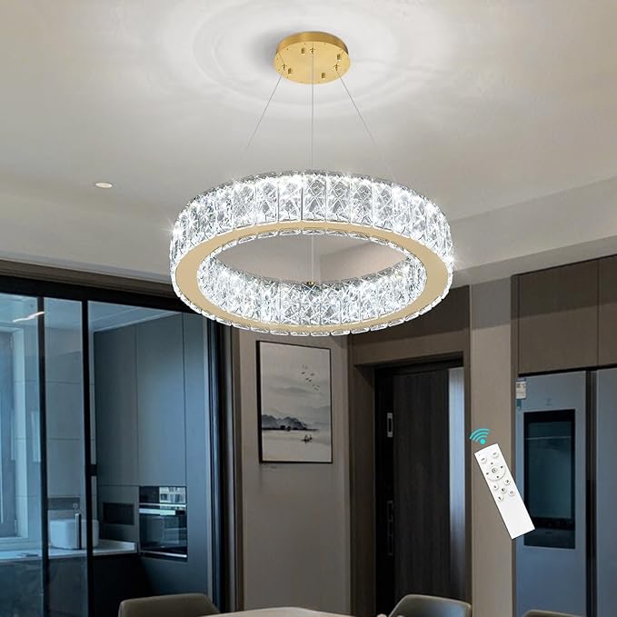 Modern Crystal Chandelier 15W LED Dimmable Lighting Fixture Adjustable Round Pendant Light for Dining Room Living Room Kitchen Bedroom Gold