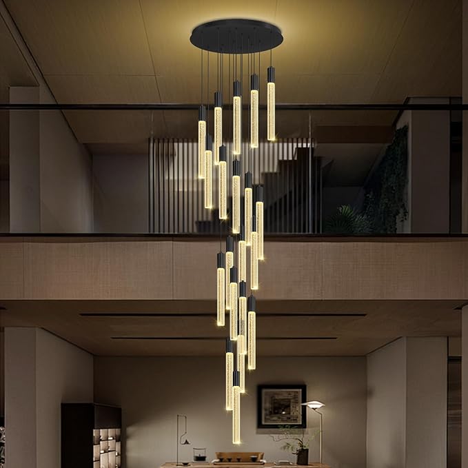 Large 20-Light Black Crystal Chandelier, Modern Dimmable LED Height Adjustable Pendant Light, Luxury Hanging Fixture for High Ceilings, Foyer, Staircase, Hotel Lobby