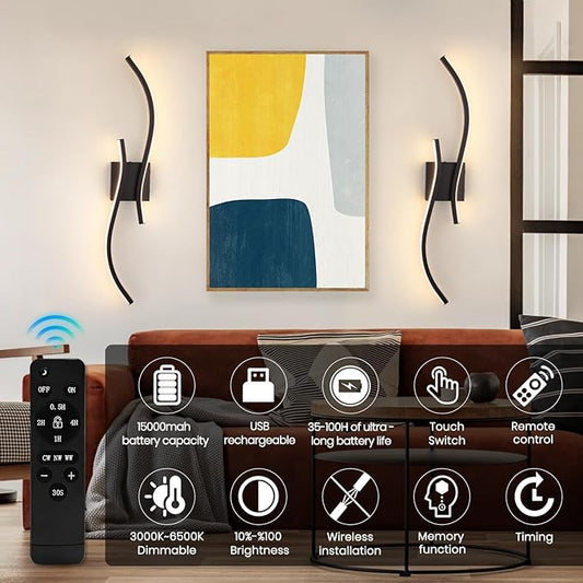 Battery Operated Wall Sconces Set of 2, Dimmable Rechargeable Battery Wall Light with Remote Control, 3000K-6500K LED Black Wireless Wall Sconce for Living Room Bedroom Hallway, 31.5inch (Black)