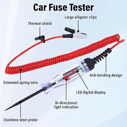 Test Light Automotive, 5-90V DC Test Light with Voltmeter, Bidirectional Car Fuse Tester with Voltage Display, Digital LED Circuit Tester with Extended Spring Wire & Probe for Car/RV/Vehicles