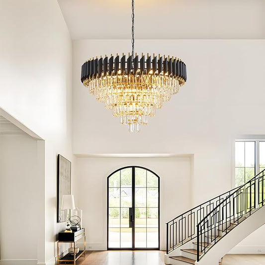 Modern Crystal Chandeliers 6 Tiers 30" Round Extra Large for Dining Room 16-Light Black and Gold Chandelier Living Room Round Contemporary Ceiling Hanging Light