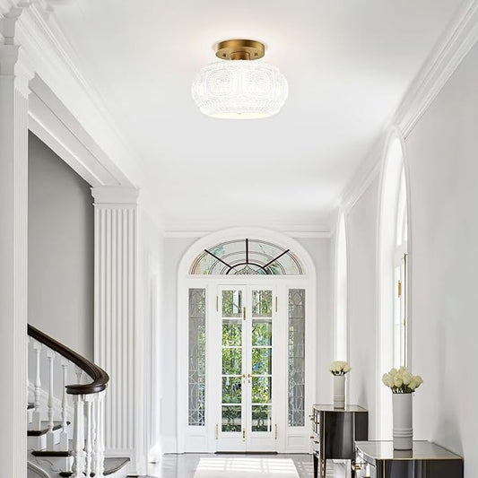 Semi Flush Mount Ceiling Light, Milk Glass Shade Modern Ceiling Light Fixture, Vintage Gold Lighting for Hallway Bedroom Entryway Kitchen Porch