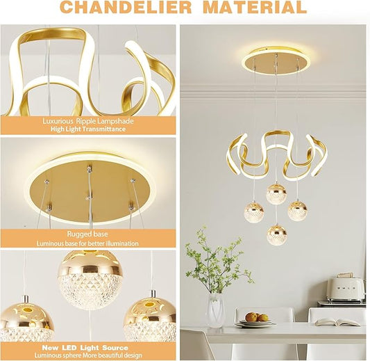Modern Gold LED Chandeliers, Dimmable LED Pendnat Light Fixture for Kitchen Island Over Table Adjustable Height Modern Chandeliers for Dining Room Kitchen Island Living Room Bedroom