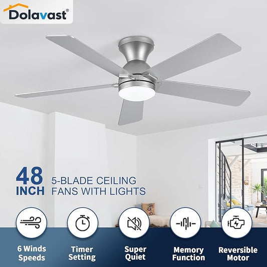 Ceiling Fans with Lights and Remote, 48 Inch Ceiling Fan with Light, Low Profile, Reversible, Dimmable LED, Flush Mount, Quiet, DC Motor, Nickel Ceiling Fan for Bedroom, Kitchen, Dining Room