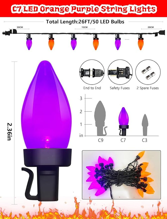 Abeja Halloween String Lights Outdoor, 26Ft C7 Purple and Orange String Lights with 50 LED Purple/Orange Ligths for Indoor/Outdoor Use, Halloween Decorations for Patio Home Party Garden Yard