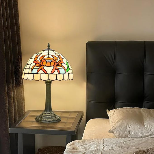 Tiffany Style Table Lamp with Orange Crab Stained Glass Lamp 12 Inch Retro Bronze Base Bedside Lamp Bedroom,Living Room, Bar,Cafe,Restaurant Hotel Art Nouveau Style Decorative Ambient Light