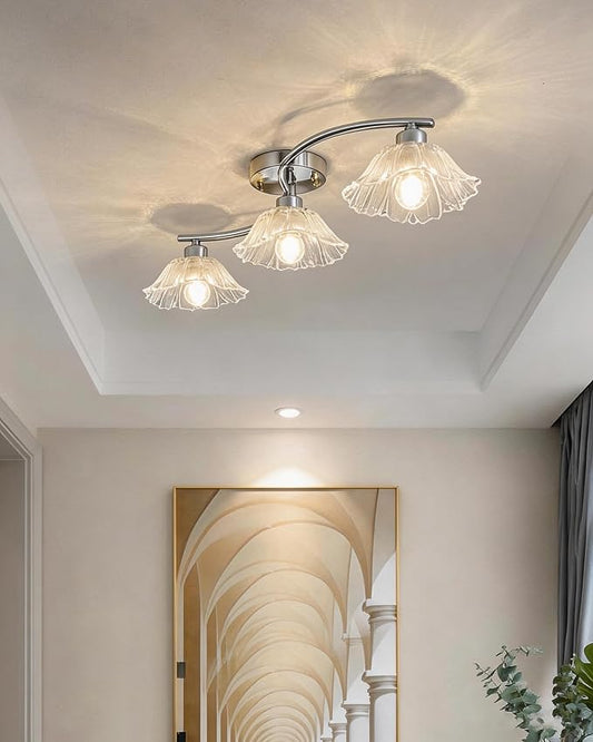 Semi Flush Mount Ceiling Light Fixture,3 Lights Modern Glass Shade Chandelier, Mini Ceiling Fixture for Entryway, Kitchen, Bedroom, Silver