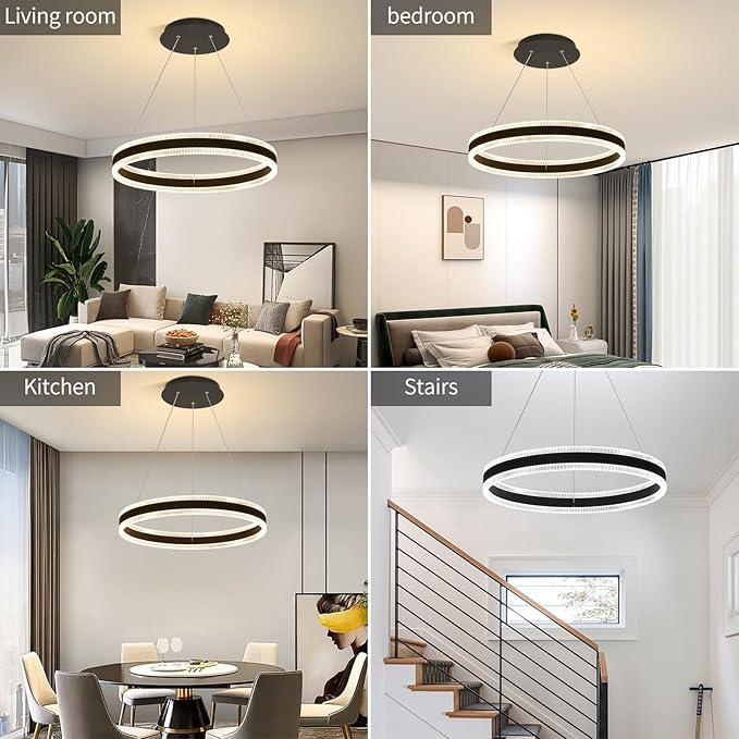Modern LED Chandelier 1 Ring 19.7in Pendant Lighting for Kitchen Island 50W Dimmable LED Pendant Light Black Hanging Light Fixtures with Remote for Kitchen Dining Room Bedroom Living Room